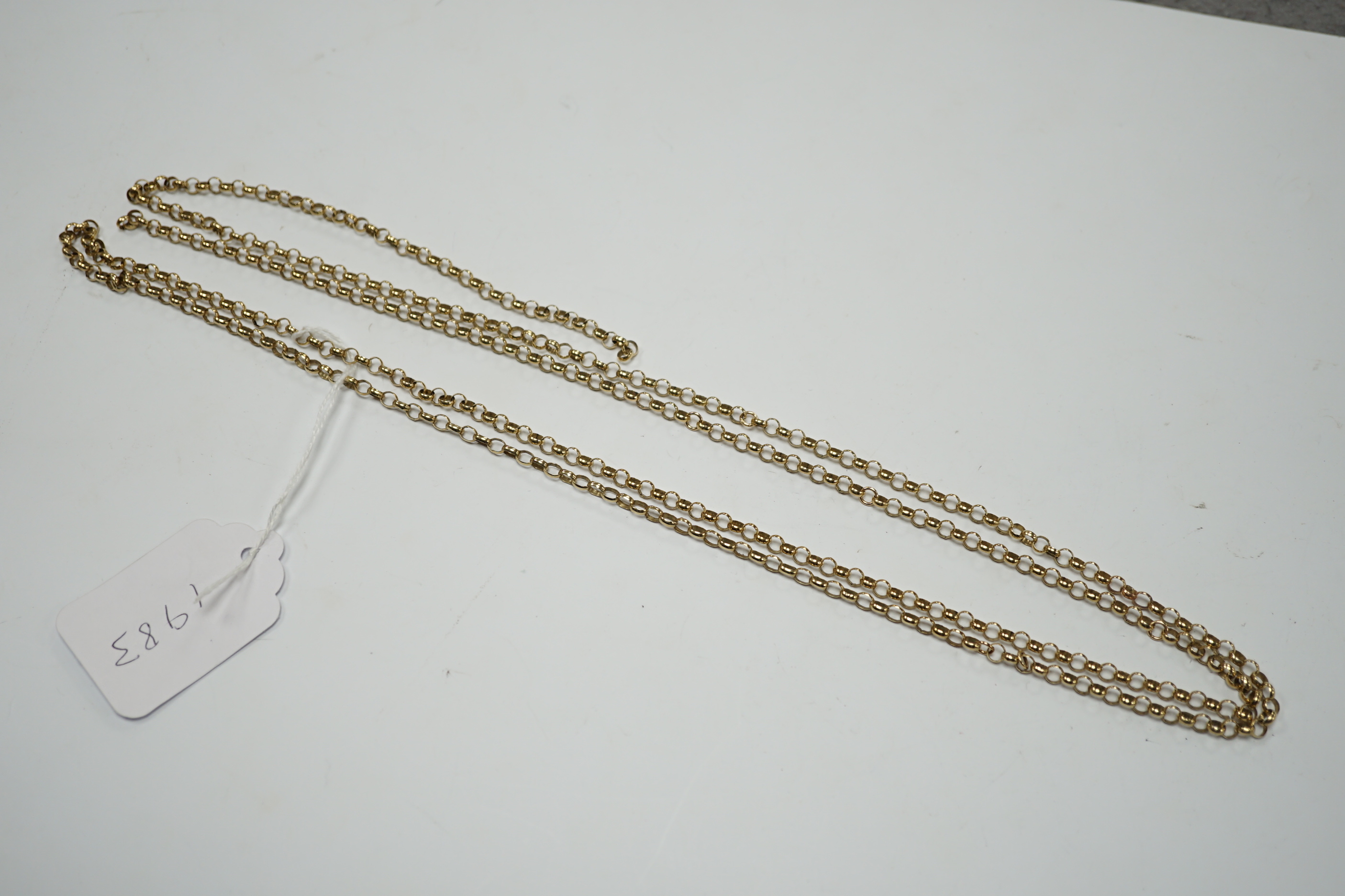 A 9ct gold guard chain (a.f.), 158cm, 36.1 grams.